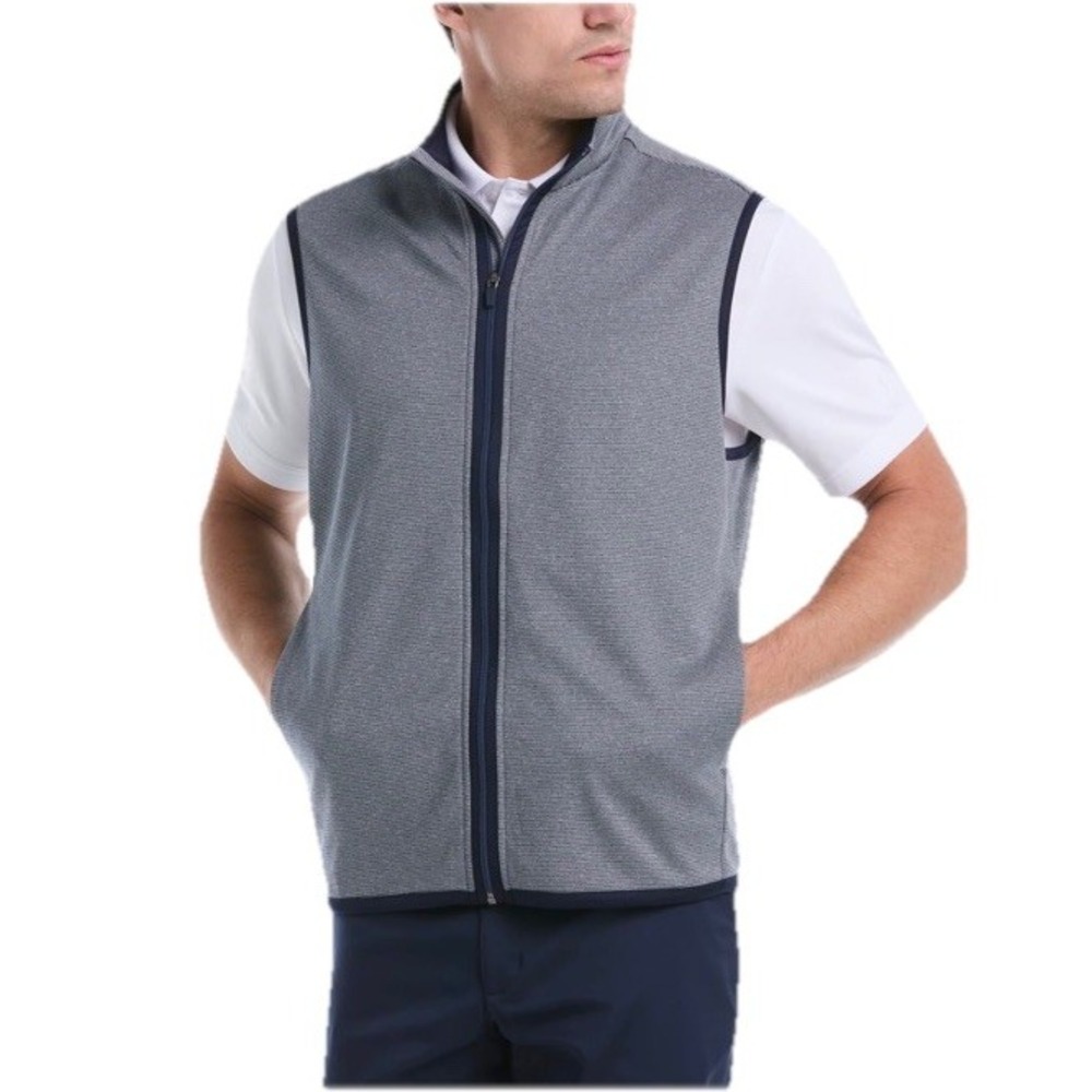 PGA Tour Men Golf Vest Full Zip XL Peacoat Heather Blue Horizontal Stripe Pocket